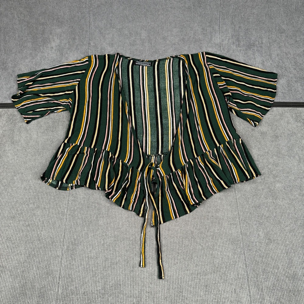 Shortcuts Laureen Lorraine‎ Green Striped Front Peplum y2k Crop Top Short Sleeve